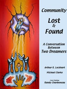 Community Lost & Found - book cover - original indigenous art of family reach up to the sun and stars