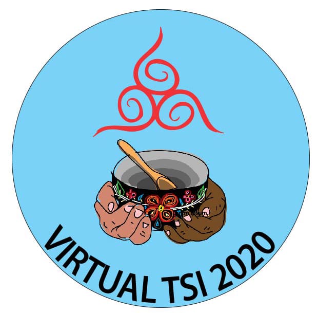 Logo for Virtual TSI 2020 - blue circle with bowl and two hands, plus triangle of three swirling designs
